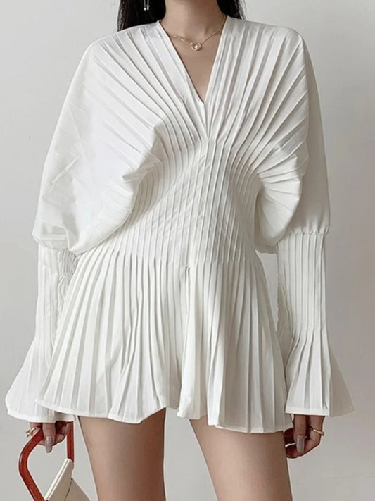 Alexander Plissé V-Neck Top with Fluted Sleeves