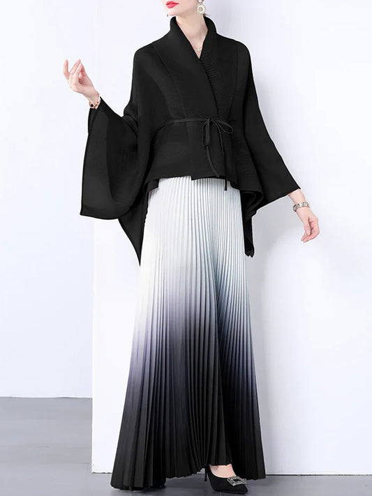 100% Real Pleated 2-Piece Long Skirt Set